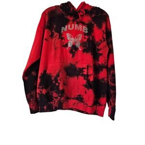 NWOT Yours Truly Phora NUMB Rhinestone Butterfly Hoodie Tie Dye Red Small